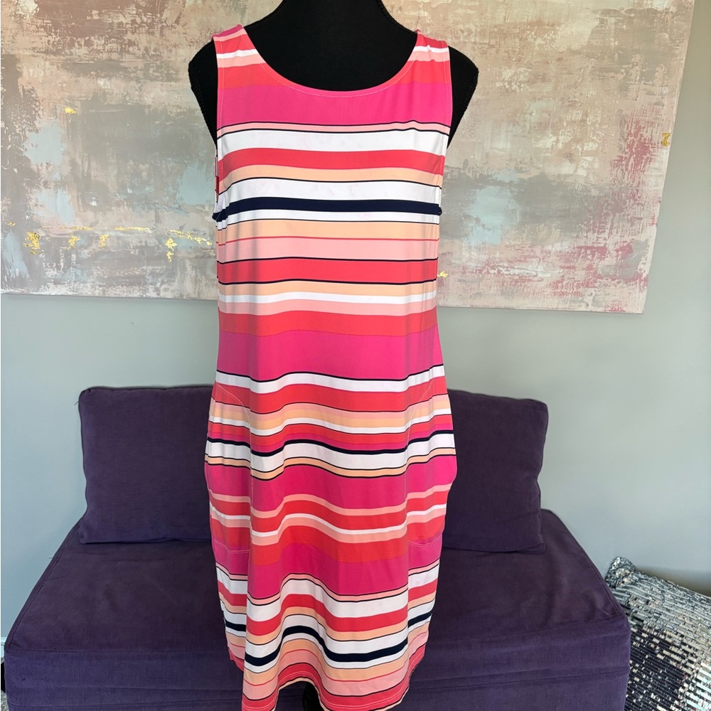 Tommy Bahama Pink and White Sleeveless Sheath Dress with Pockets Size M